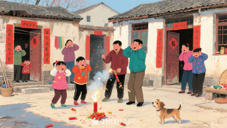 乡村春节，孩童燃放鞭炮 937