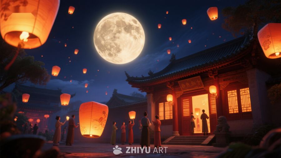 月下古寺，灯笼飘扬 932