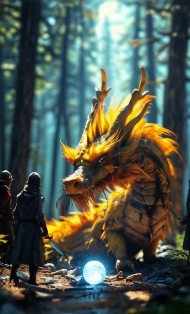 森林环境中，一条黄色的龙占据了画面的中心，它的头上