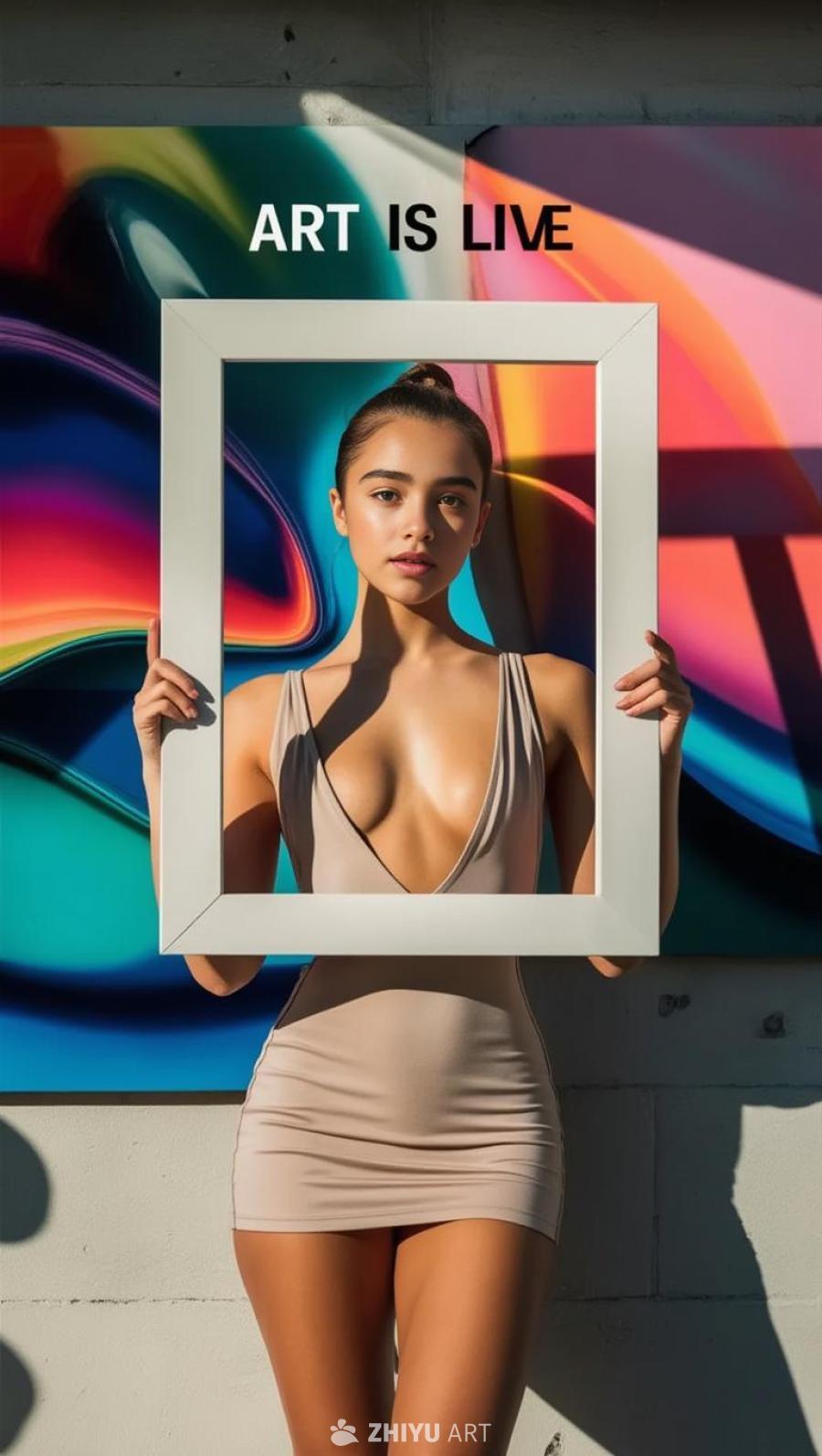 一个年轻女子穿着紧身低胸短裙，手持白色画框，站在一