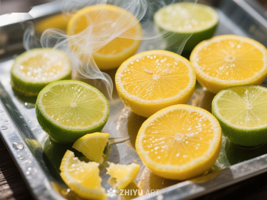 切片柠檬与青柠在金属盘上散发蒸汽 415