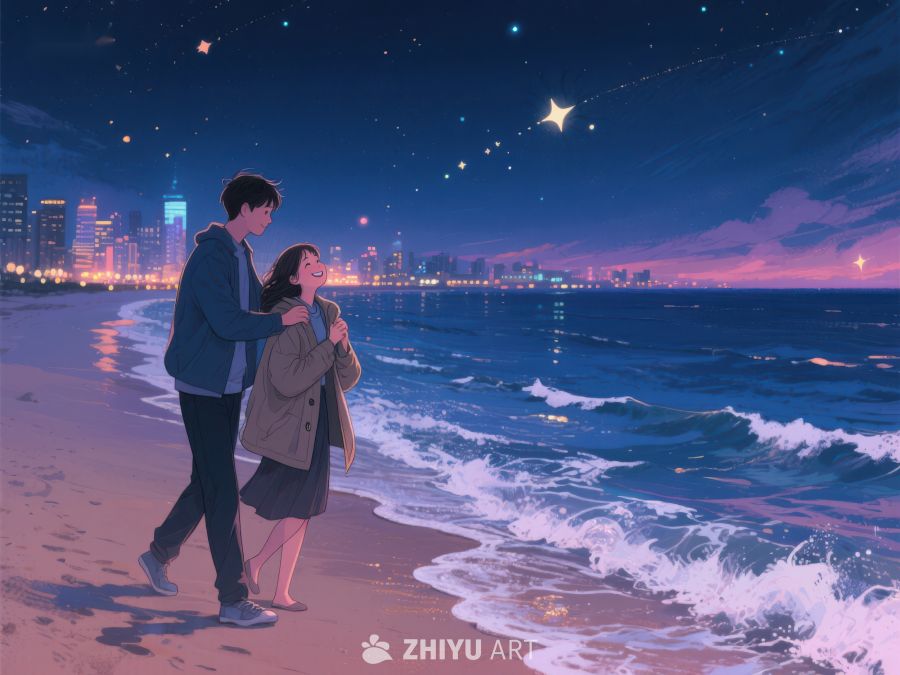 夜海边的浪漫散步 953