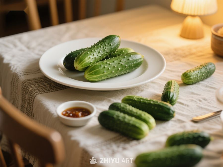 新鲜黄瓜摆盘，餐桌上的绿色美味 429