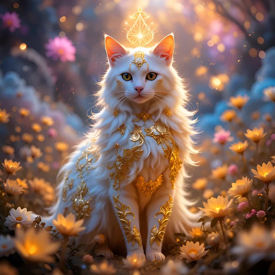 一只白色的猫，身上佩戴着金色饰品和一个花朵项圈，站