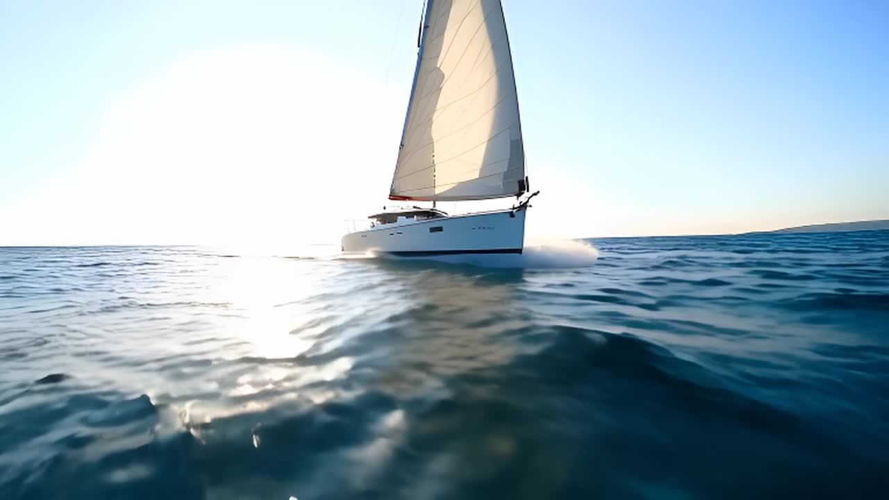 一艘白色帆船在平静的海面上航行，镜头从低角度跟随船