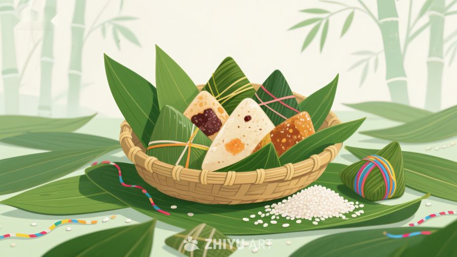 竹篮中的粽子与竹叶 470