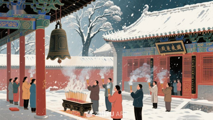 冬日古建筑前众人焚香祈福 12
