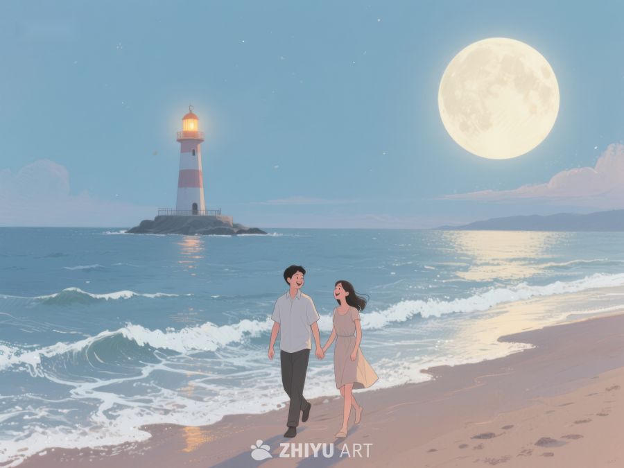 月下海滩漫步，灯塔相伴 1202