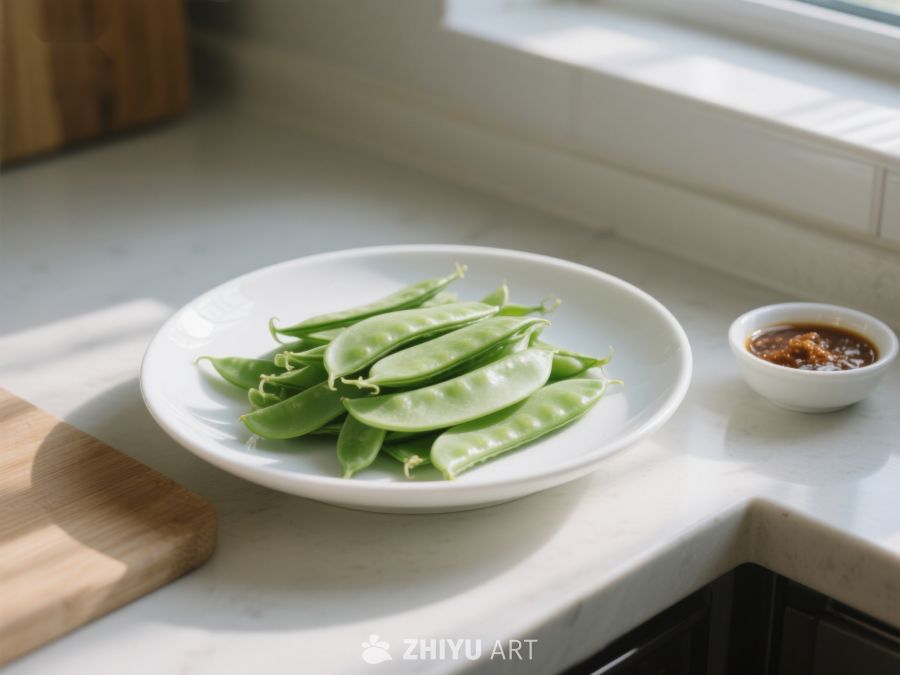 新鲜豆荚置于白色盘中，旁配调味碟 425