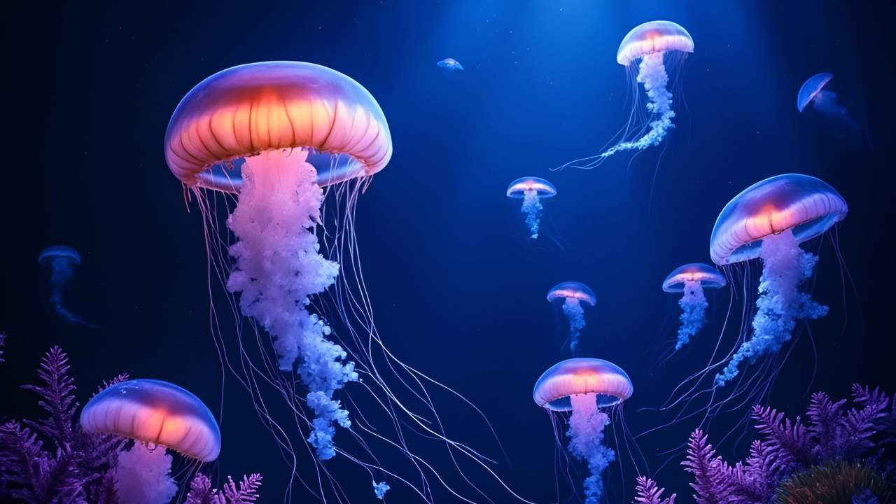 在深蓝色的背景下，漂浮着一群半透明的粉色和紫色水母
