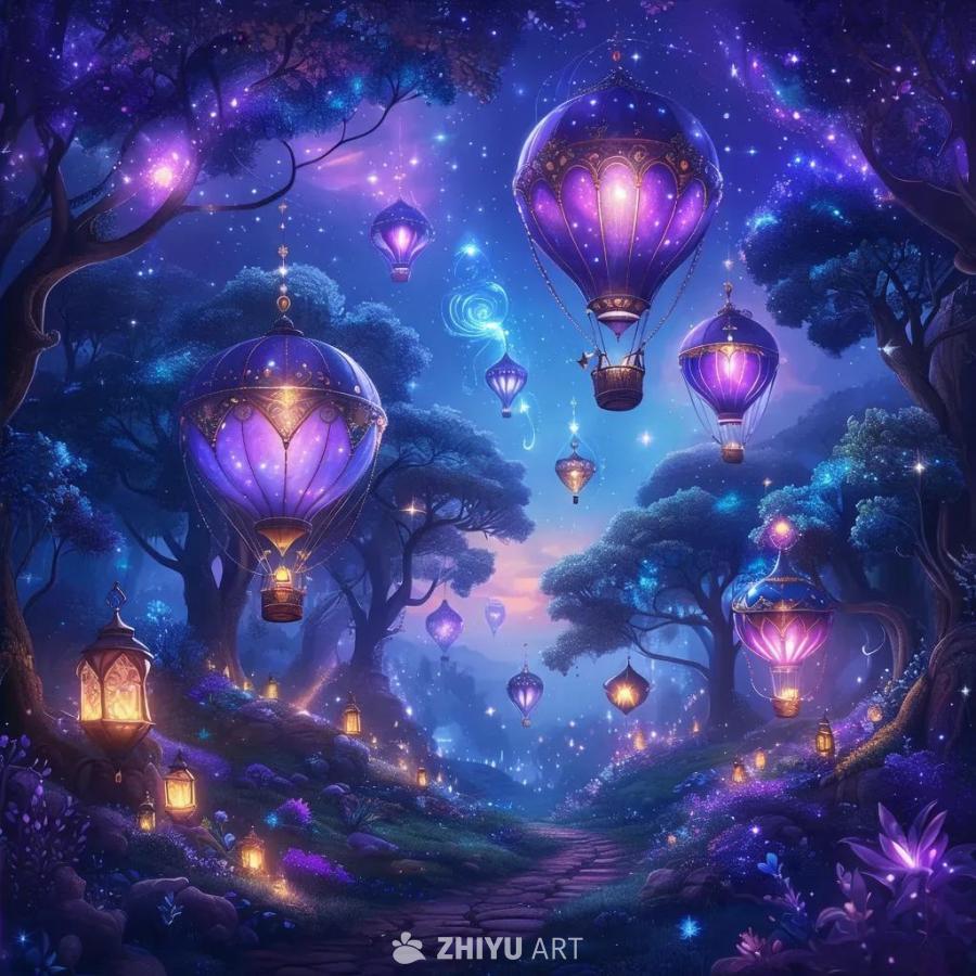 一片奇幻森林，发光的热气球漂浮在空中，地面上散布着
