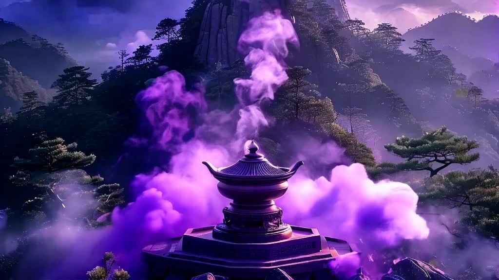 香炉立于山峰间，周围环绕着紫色的烟雾。山峰被阳光照