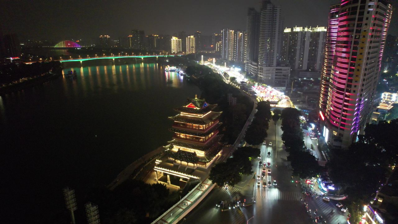 广西南宁畅游阁夜景灯光航拍