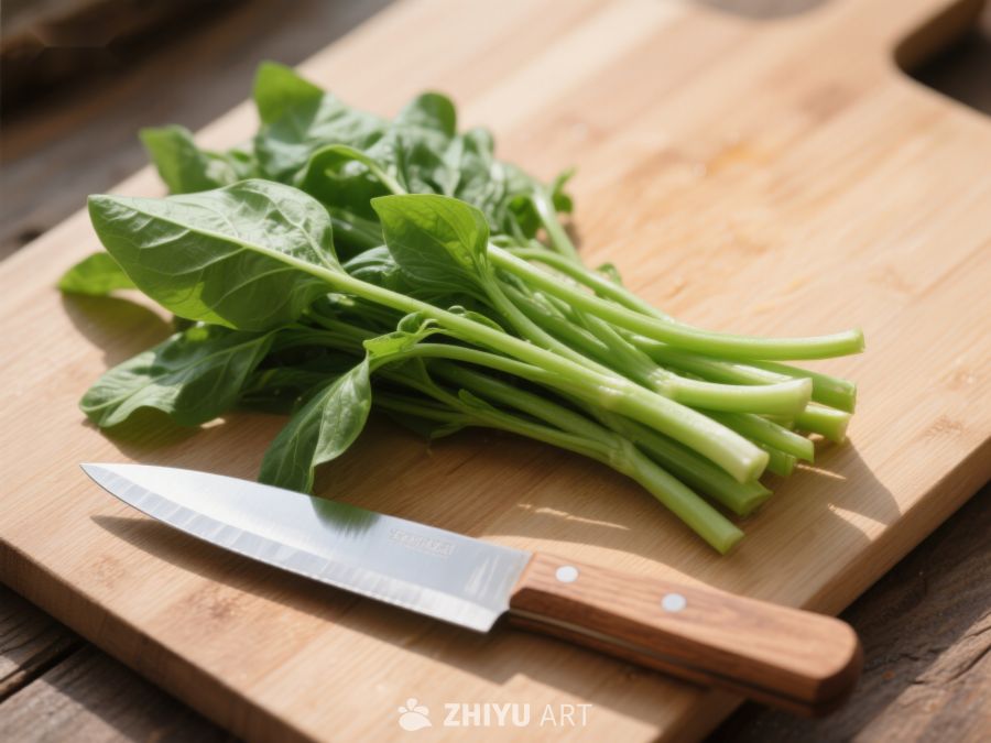 新鲜绿叶蔬菜与木柄刀置于砧板上 460