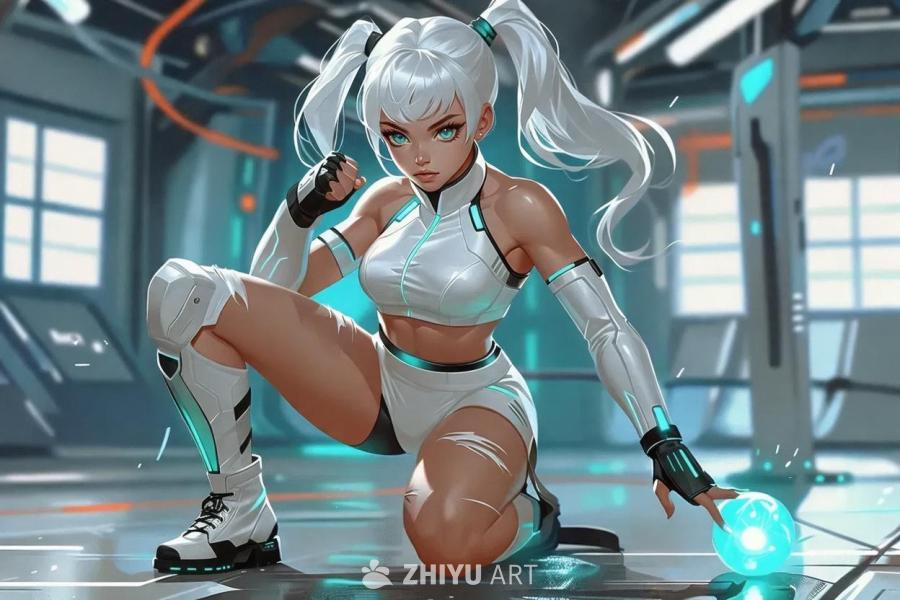 一个身材健美的动漫空手道女孩，穿着时髦的科幻服装，