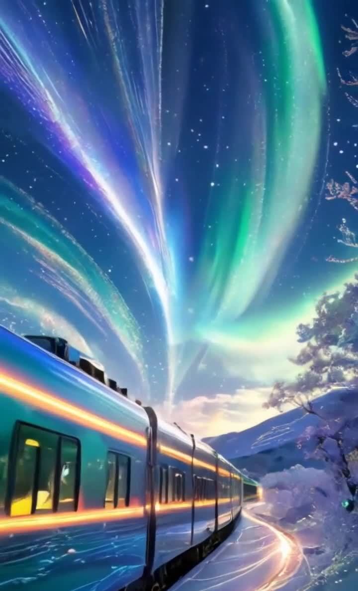 蓝色的夜空中有极光，极光呈现出浪漫的色彩，天空中还