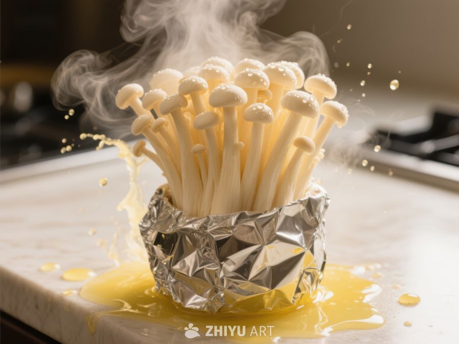 金针菇在铝箔中蒸煮，热气腾腾