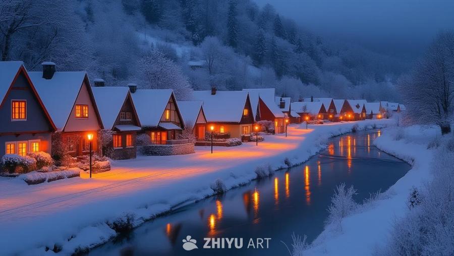 冬天，白雪覆盖着村庄，几栋小屋的窗户里透出橘黄色的