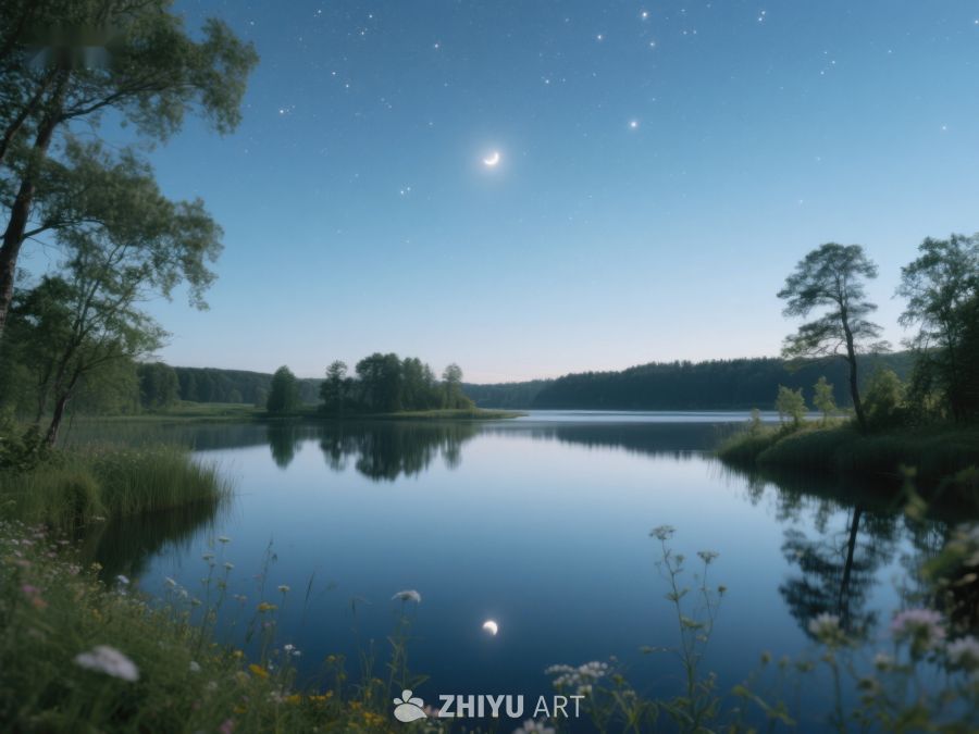 宁静湖畔夜景，星光映照水面 55