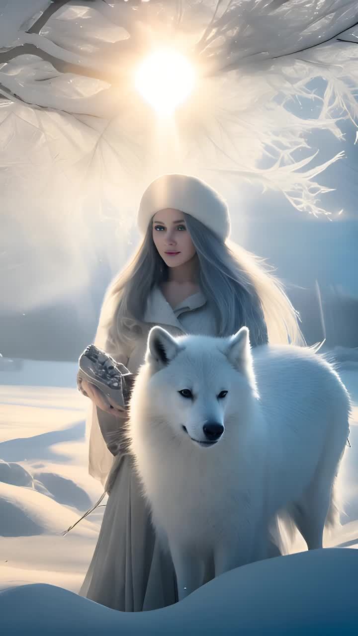 一位穿着白色外套和白色毛帽的女性站在雪地里，她有着