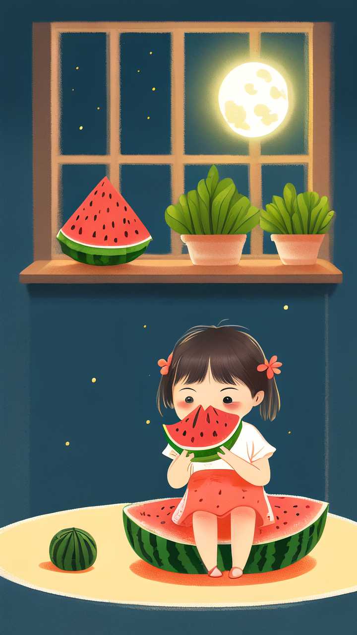 夜晚女孩吃西瓜插画
