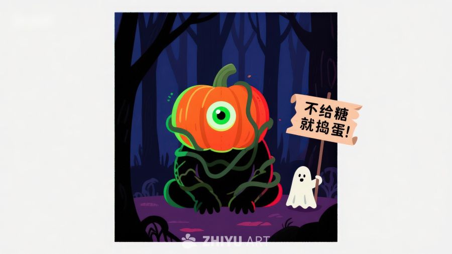 万圣节南瓜怪与幽灵的森林夜景