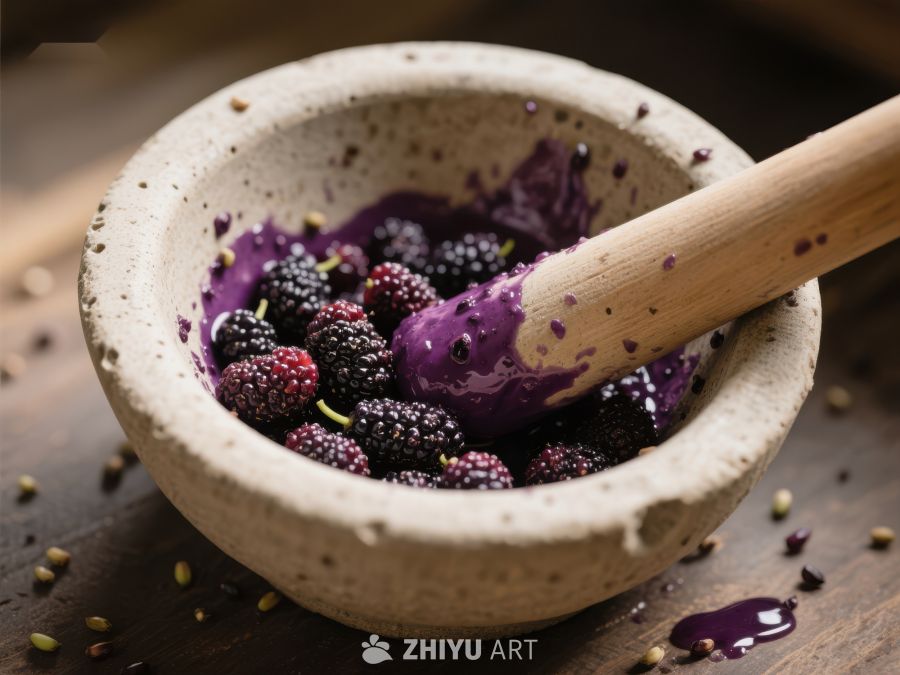 紫黑浆果研磨于陶碗中 846