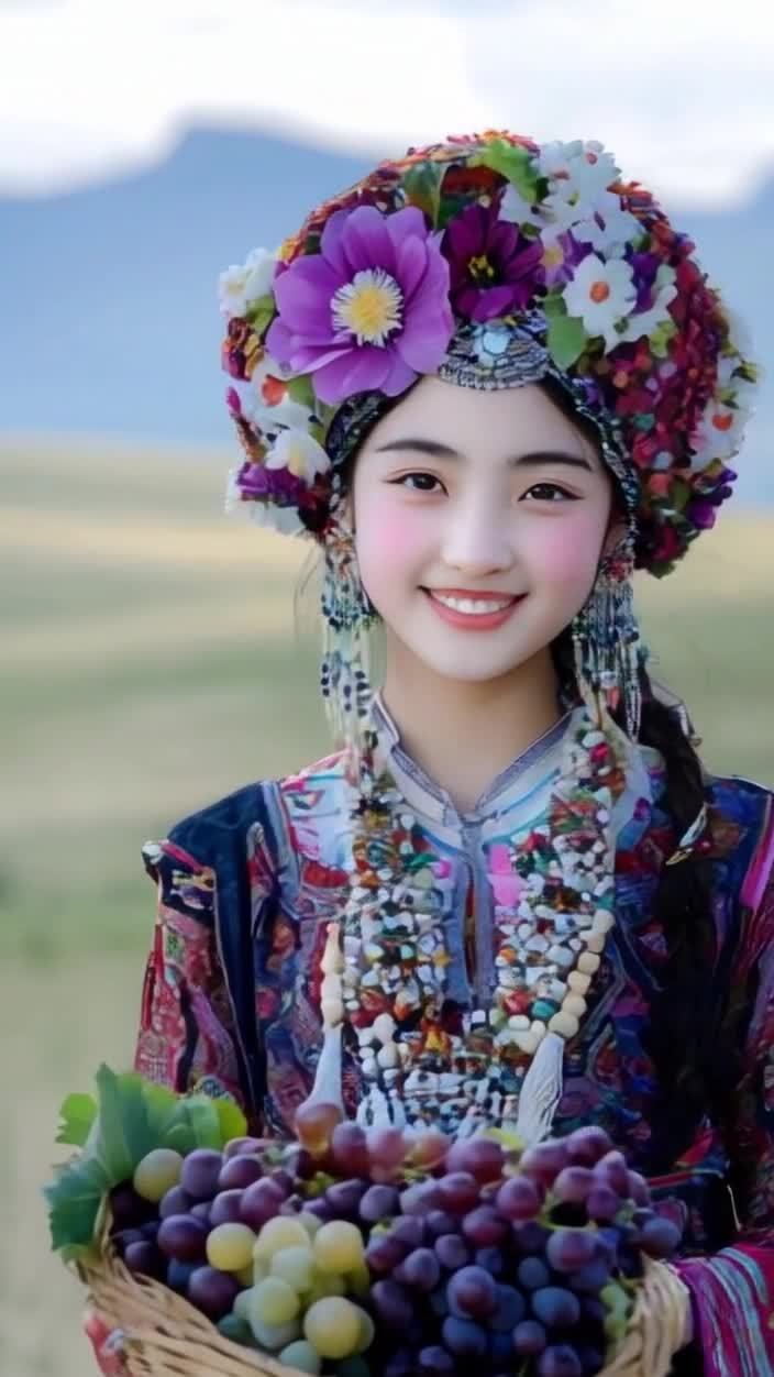 一个年轻女子，戴着装饰有鲜花的头饰，正对着镜头微笑