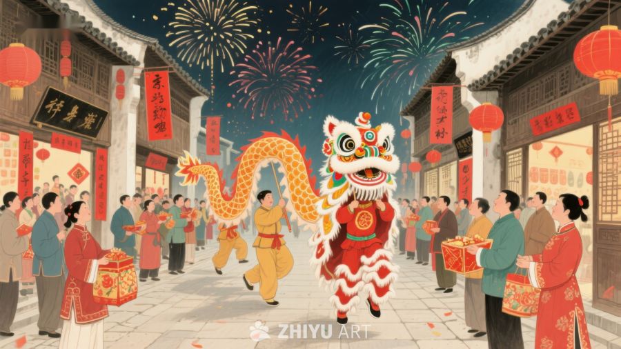 春节舞狮表演，热闹街市庆祝 132