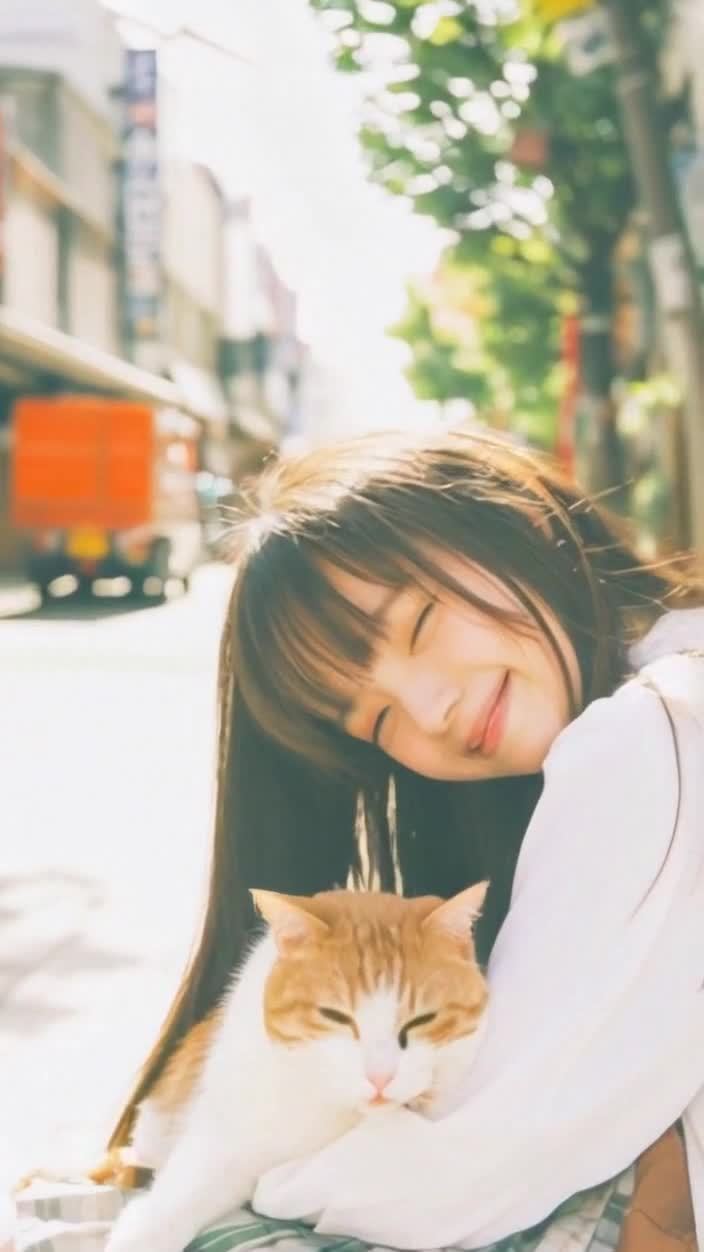 阳光下女孩与猫咪，街道温馨相拥的瞬间