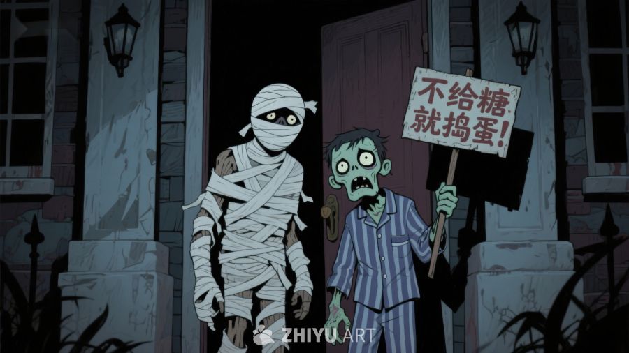万圣节夜晚，木乃伊与僵尸讨糖