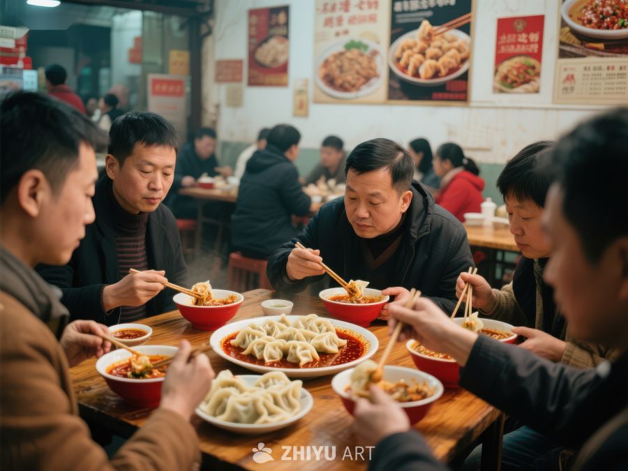 人们在餐馆享用热腾腾的饺子和面条 858