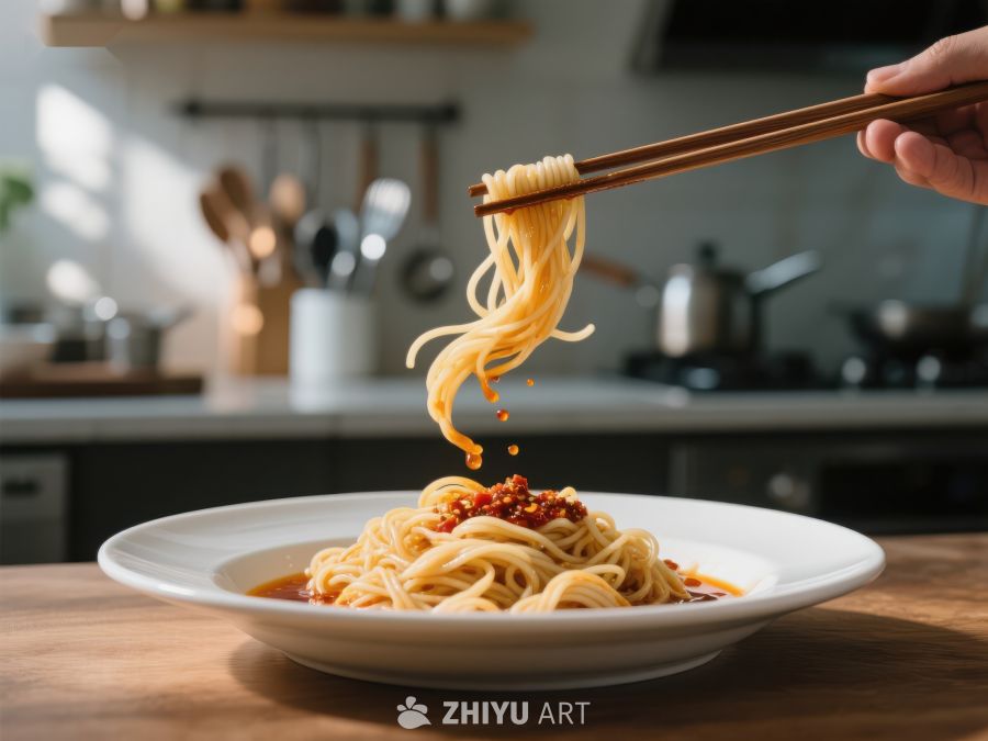筷子夹起热腾腾的面条 713