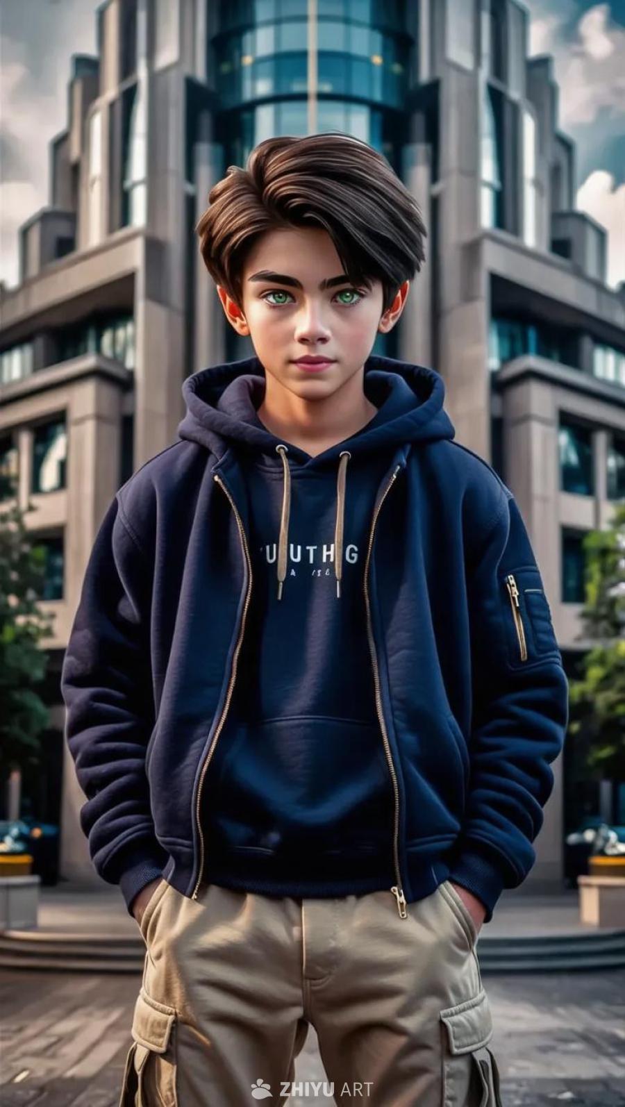 一名16-17岁的少年站在一栋大型建筑物前，他有深