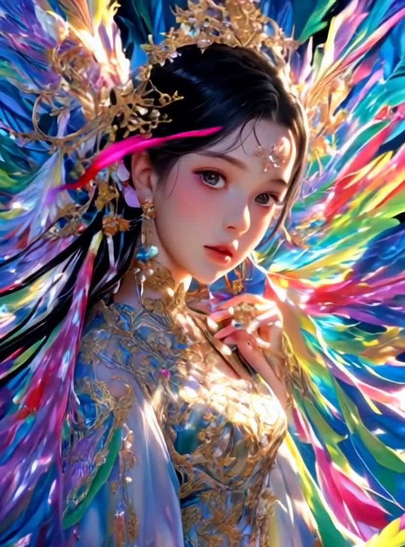 彩虹光芒下的金色头饰长袍少女