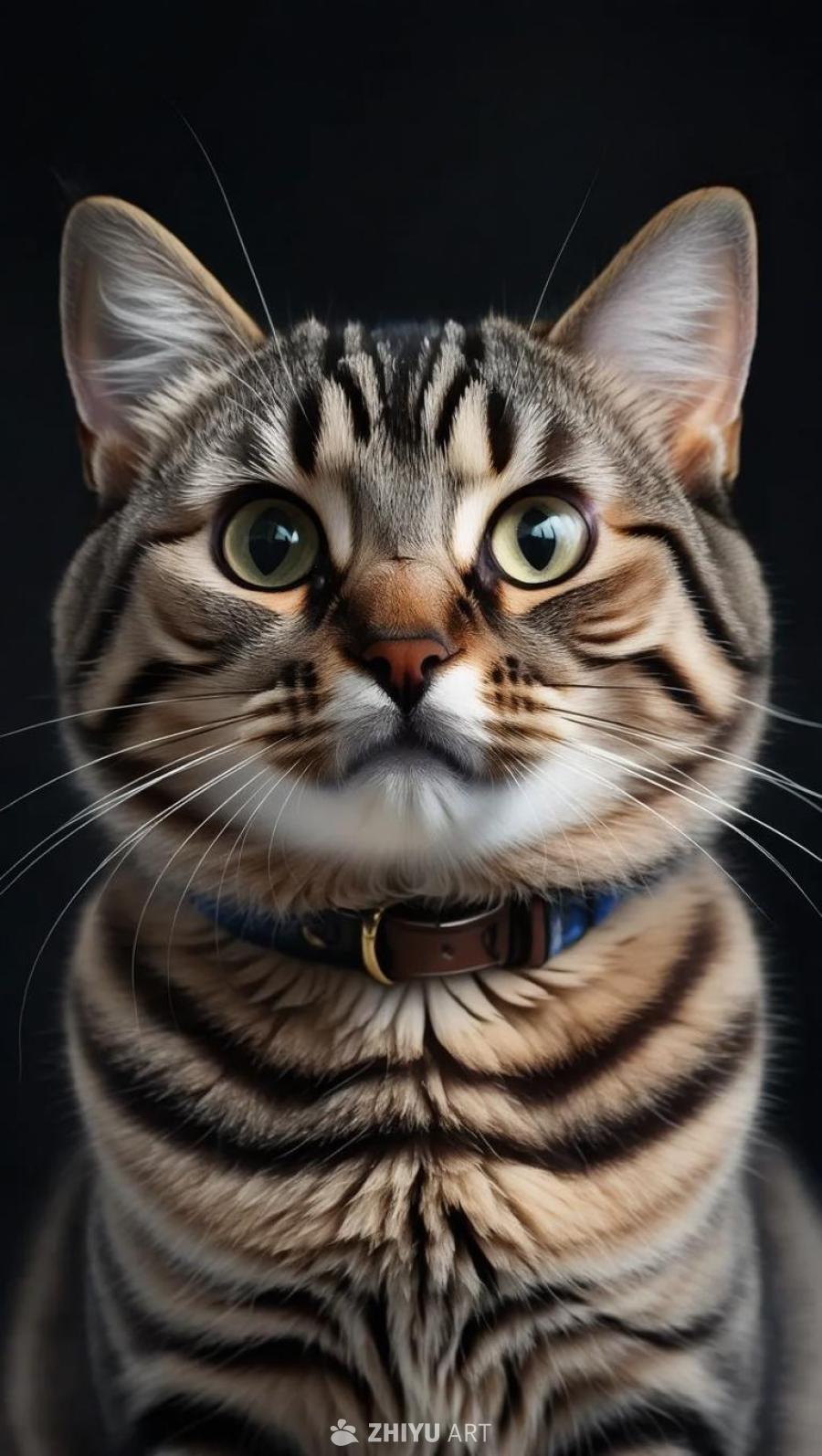 一只棕色虎斑猫正对着镜头，它戴着一个带有金色扣环的
