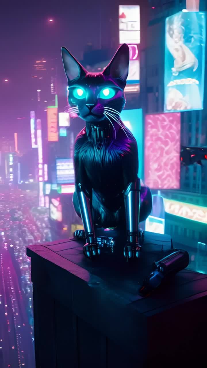 一只黑色的猫坐在屋顶上，猫的眼睛发出蓝色的光芒。猫