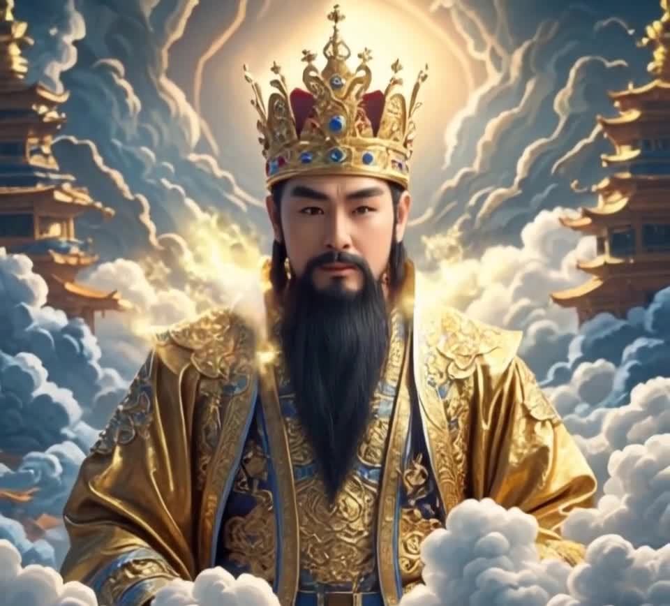 云雾缭绕山峦间的金色长袍宝石王冠男子