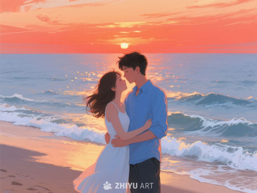 海滩日落下的情侣拥吻 265
