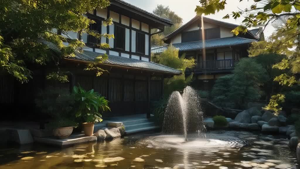 两栋日式风格的房屋位于池塘边，池塘中央有一个喷泉，