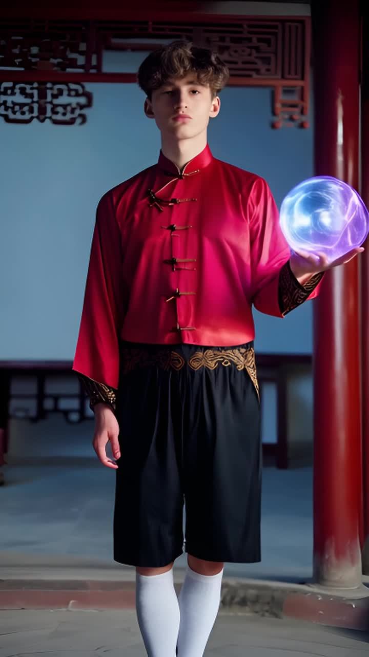 一个白人青少年男性，穿着红色中国传统长袖衬衫，黑色