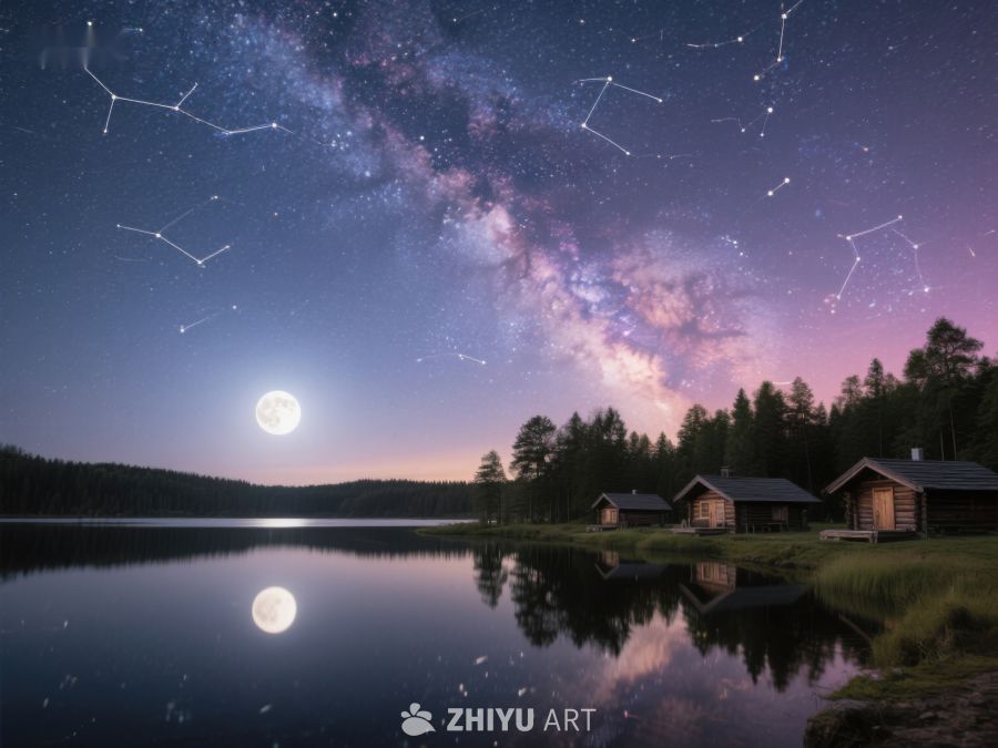 湖畔夜景：银河与满月的倒影 35