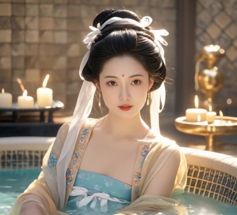 古风女子沐浴烛光水漾柔美