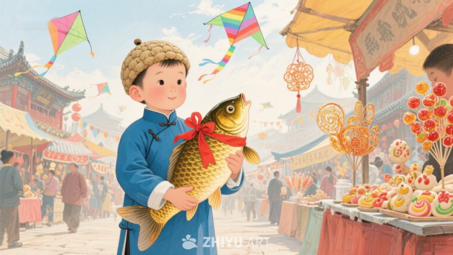 小男孩手持锦鲤，集市热闹非凡 953