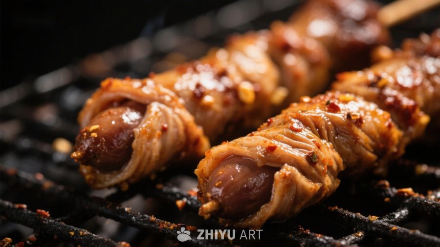 烤肉串上的香肠与培根