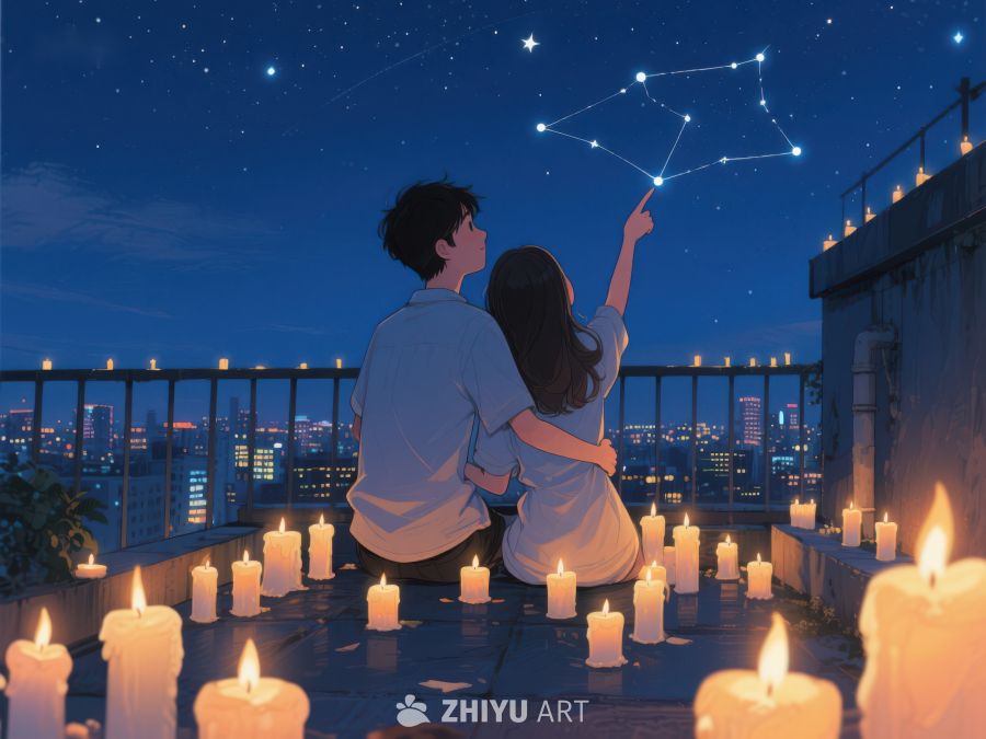 情侣屋顶观星，烛光环绕浪漫夜景 561