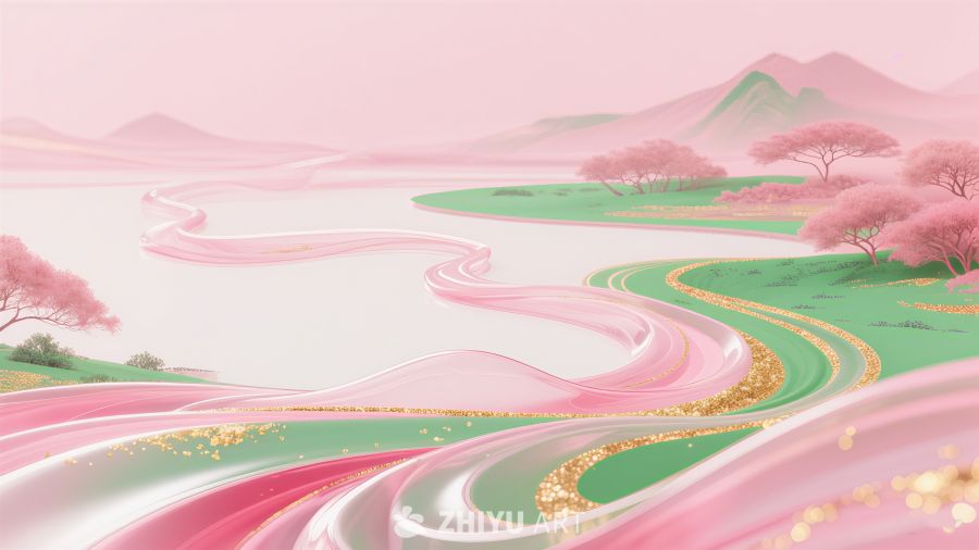 金箔中国风山水河流插画背景素材 3