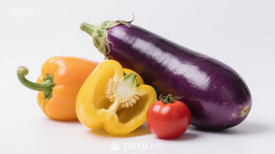 新鲜蔬菜组合：茄子、彩椒与番茄