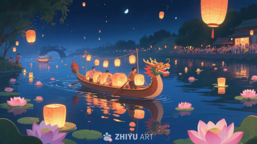 夜色龙舟灯会，水上莲花绽放 423