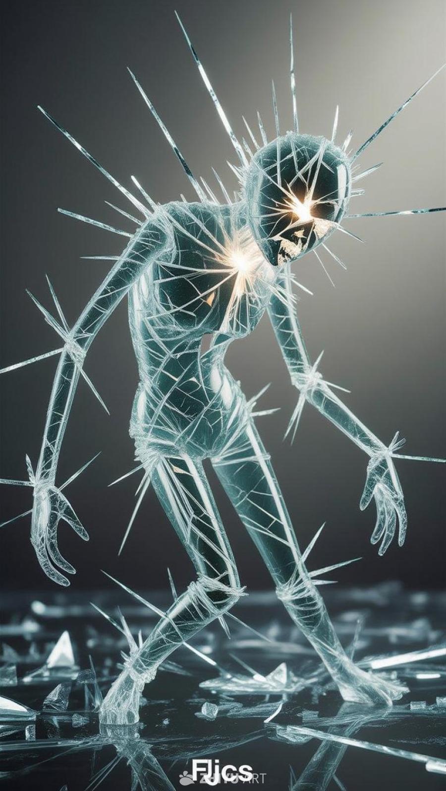 一个由薄而透明的晶体结构组成的玻璃状人形实体。它的